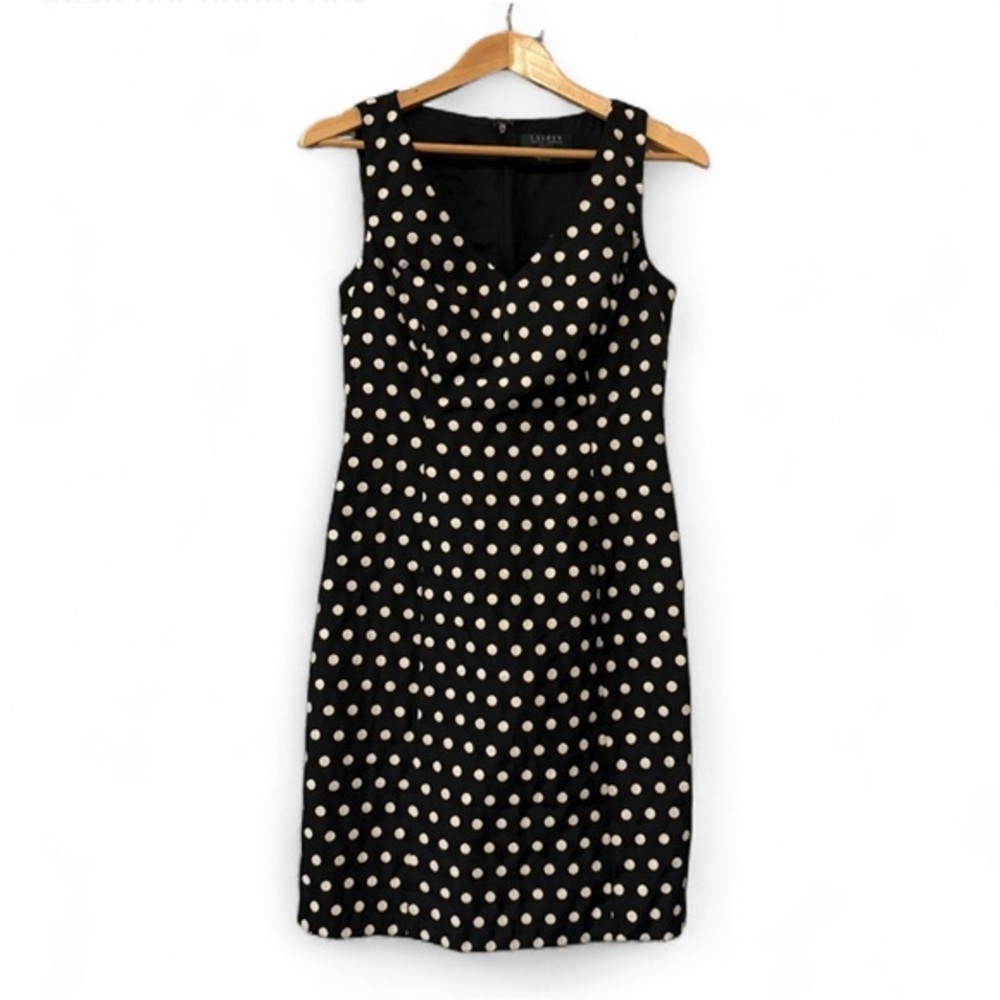Lauren Ralph Lauren Black White Polka Dot Sleeveless Sheath Dress Size 6 Small - Picture 2 of 9